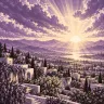 A radiant sunrise breaks through purple clouds above mountains, water and a flowering hillside town.