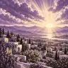 A radiant sunrise breaks through purple clouds above mountains, water and a flowering hillside town.