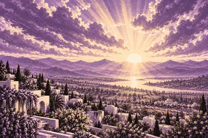 A radiant sunrise breaks through purple clouds above mountains, water and a flowering hillside town.