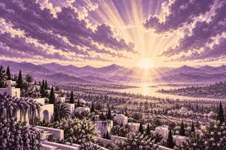 A radiant sunrise breaks through purple clouds above mountains, water and a flowering hillside town.