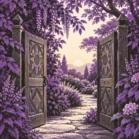 Open carved wooden gates lead to a flowering garden path at dawn.