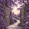 Open carved wooden gates lead to a flowering garden path at dawn.