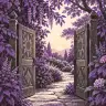 Open carved wooden gates lead to a flowering garden path at dawn.