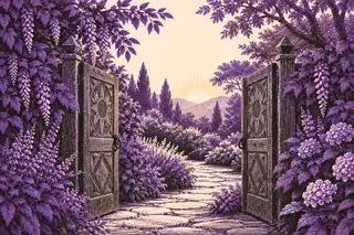 Open carved wooden gates lead to a flowering garden path at dawn.