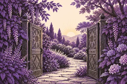 Open carved wooden gates lead to a flowering garden path at dawn.