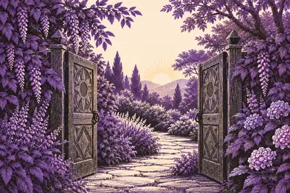 Open carved wooden gates lead to a flowering garden path at dawn.