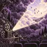 A vintage film projector shines through purple clouds toward a bright sky above cinema seats.
