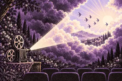 A vintage film projector shines through purple clouds toward a bright sky above cinema seats.