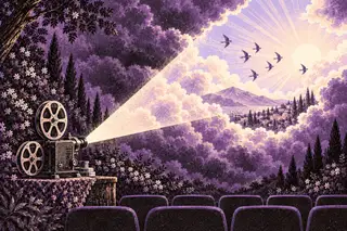 A vintage film projector shines through purple clouds toward a bright sky above cinema seats.