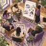 Neighbors seated in a semicircle discussing a flip chart illustrating homes, people and a connecting path.