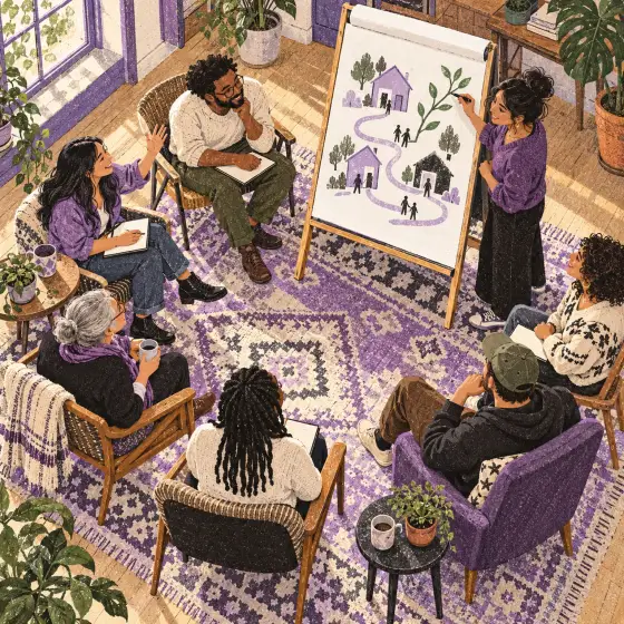 Neighbors seated in a semicircle discussing a flip chart illustrating homes, people and a connecting path.
