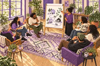 Neighbors seated in a semicircle discussing a flip chart illustrating homes, people and a connecting path.
