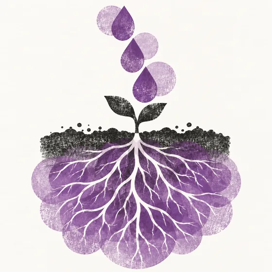 Three purple water drops nourish a two-leaf seedling and branching pale roots in charcoal soil.