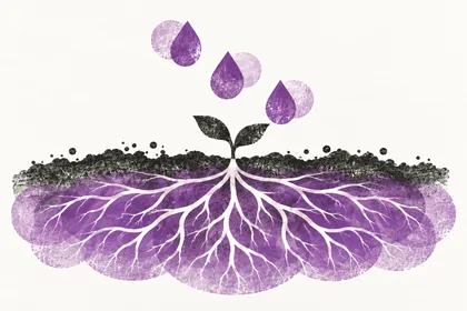 Three purple water drops nourish a two-leaf seedling and branching pale roots in charcoal soil.