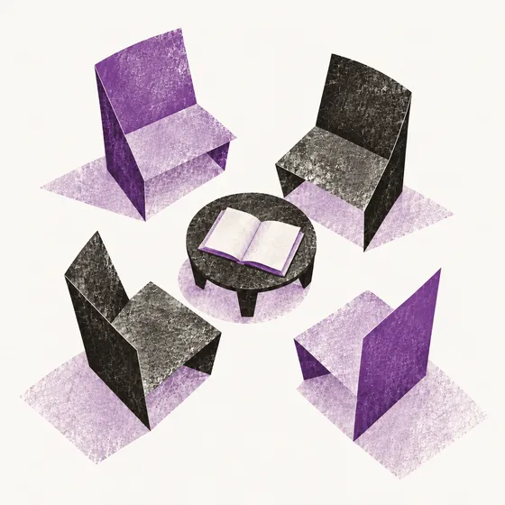 Four purple and charcoal folded-paper chairs surround a round table with an open book.