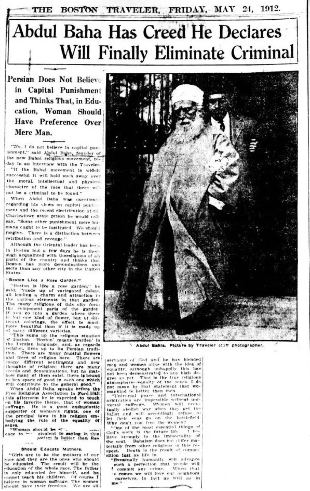 Newspaper clipping about Abdu'l-Baha's visit to Boston in 1912