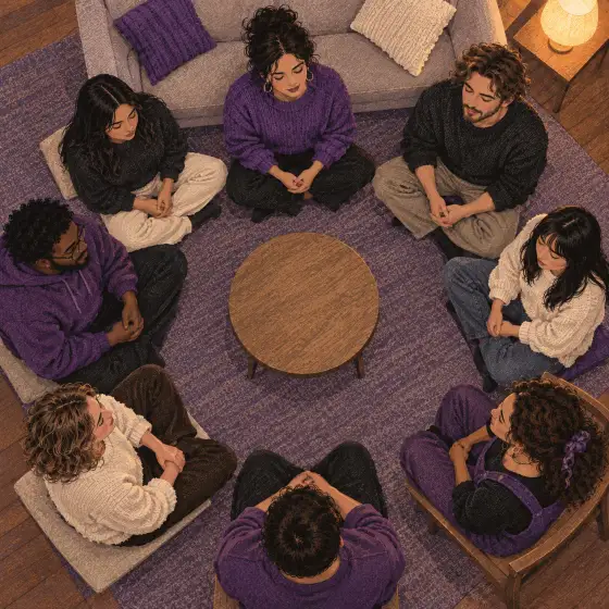 Overhead view of eight young adults seated in a circle in quiet prayer around a round table on a purple rug.