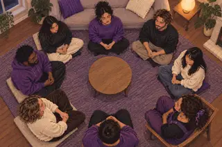 Overhead view of eight young adults seated in a circle in quiet prayer around a round table on a purple rug.