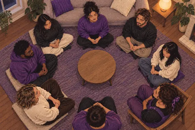 Overhead view of eight young adults seated in a circle in quiet prayer around a round table on a purple rug.