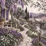 A lush spring garden with a stone path, small bridge, stream and birds.
