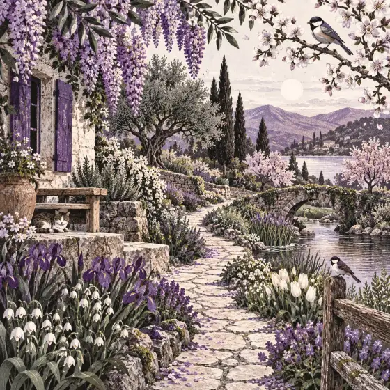 A lush spring garden with a stone path, small bridge, stream and birds.
