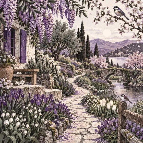 A lush spring garden with a stone path, small bridge, stream and birds.