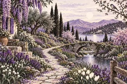 A lush spring garden with a stone path, small bridge, stream and birds.