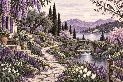 A lush spring garden with a stone path, small bridge, stream and birds.