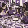 Children and caregivers seated on a patterned rug with shakers, a drum, a xylophone and an open picture book.