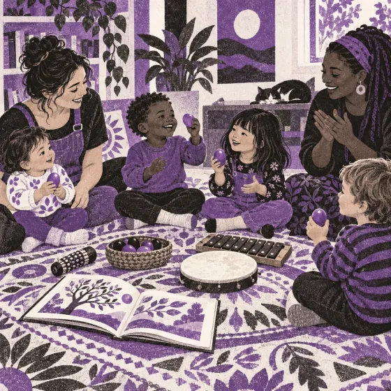 two caregivers and four children sharing shakers and music on a patterned rug.