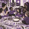 two caregivers and four children sharing shakers and music on a patterned rug.