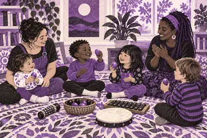 Children and caregivers seated on a patterned rug with shakers, a drum, a xylophone and an open picture book.