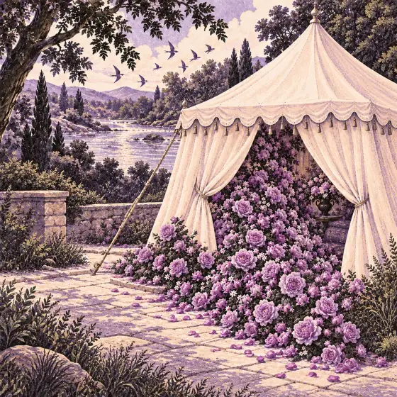 Purple roses spill from an open cream tent beside a sunlit river, with birds flying overhead.