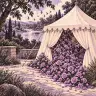 Purple roses spill from an open cream tent beside a sunlit river, with birds flying overhead.