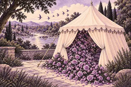 Purple roses spill from an open cream tent beside a sunlit river, with birds flying overhead.