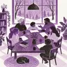 Six people of different generations share books and conversation at a table beside snowy windows.