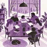 Six people of different generations share books and conversation at a table beside snowy windows.