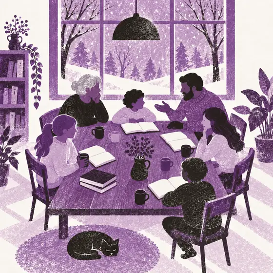 Six people of different generations share books and conversation at a table beside snowy windows.