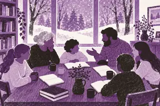 Six people of different generations share books and conversation at a table beside snowy windows.