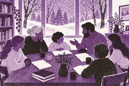 Six people of different generations share books and conversation at a table beside snowy windows.