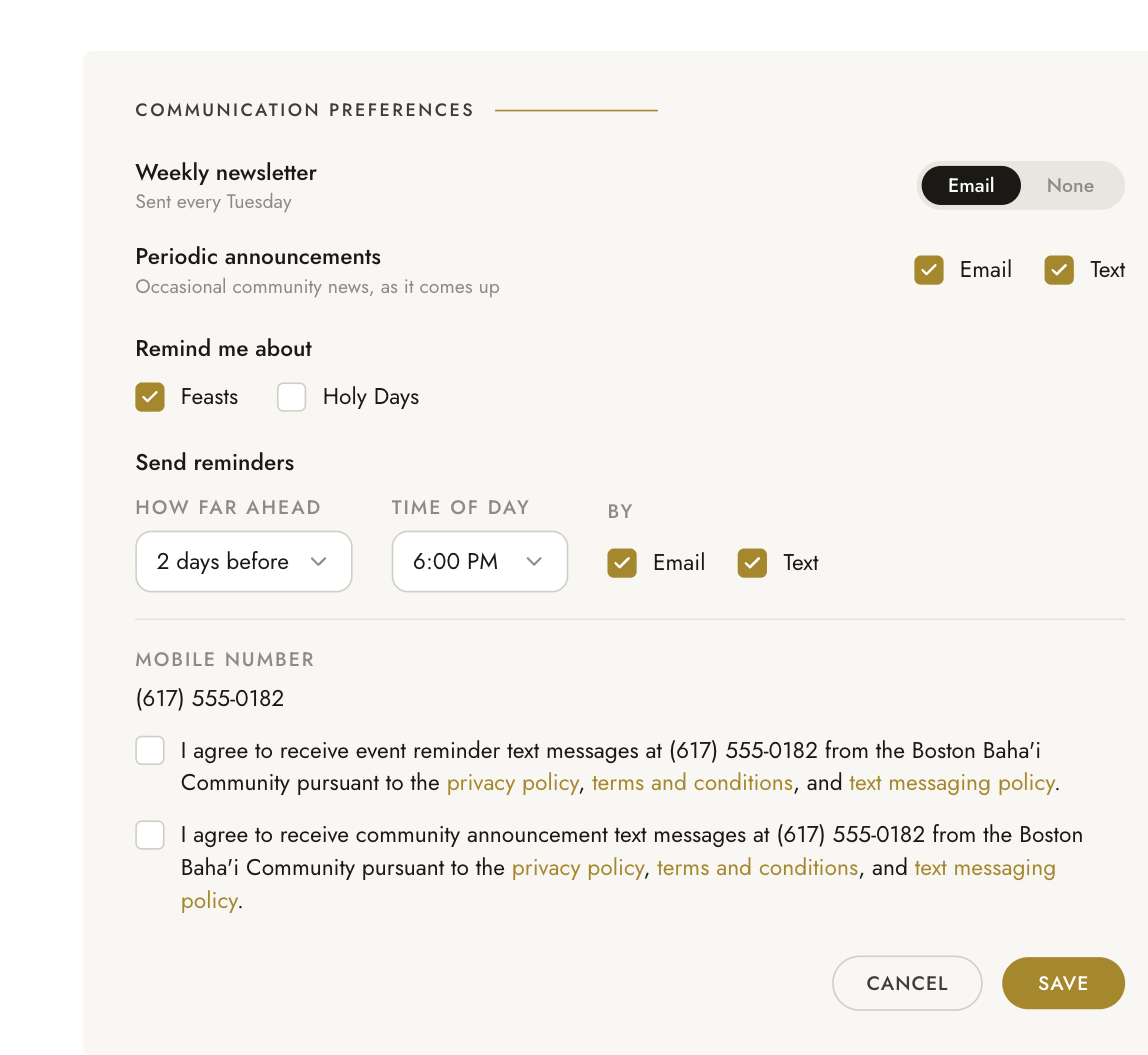 The communication preferences panel in a member profile, with separate text checkboxes for announcements and event reminders and two unchecked consent boxes beneath them, one per message type